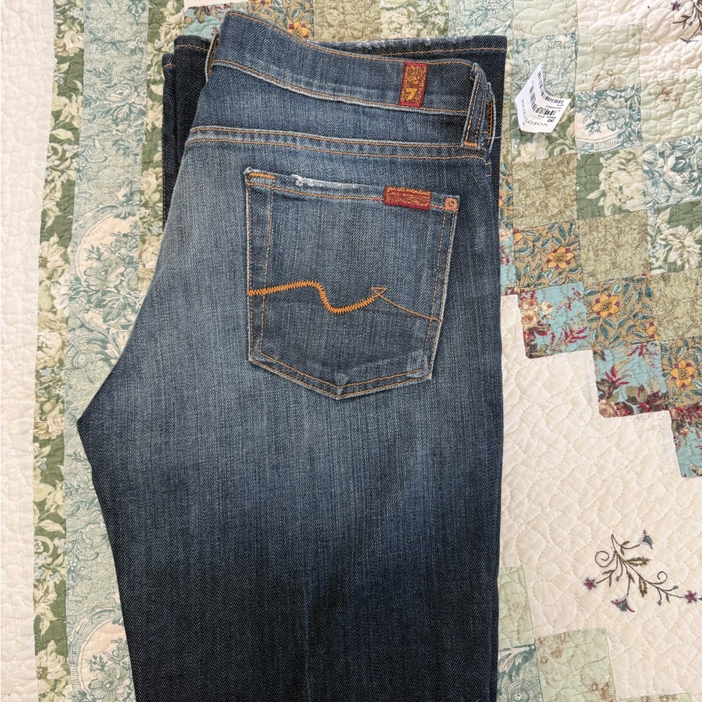 7 For All Mankind Women's Skinny Jeans in Medium Blue with Orange Stitching